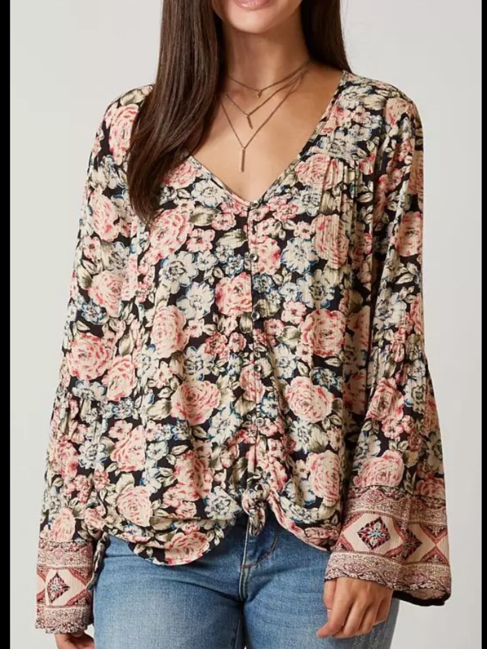 Billabong Floral Black, Blue & Pink Rayon Top
